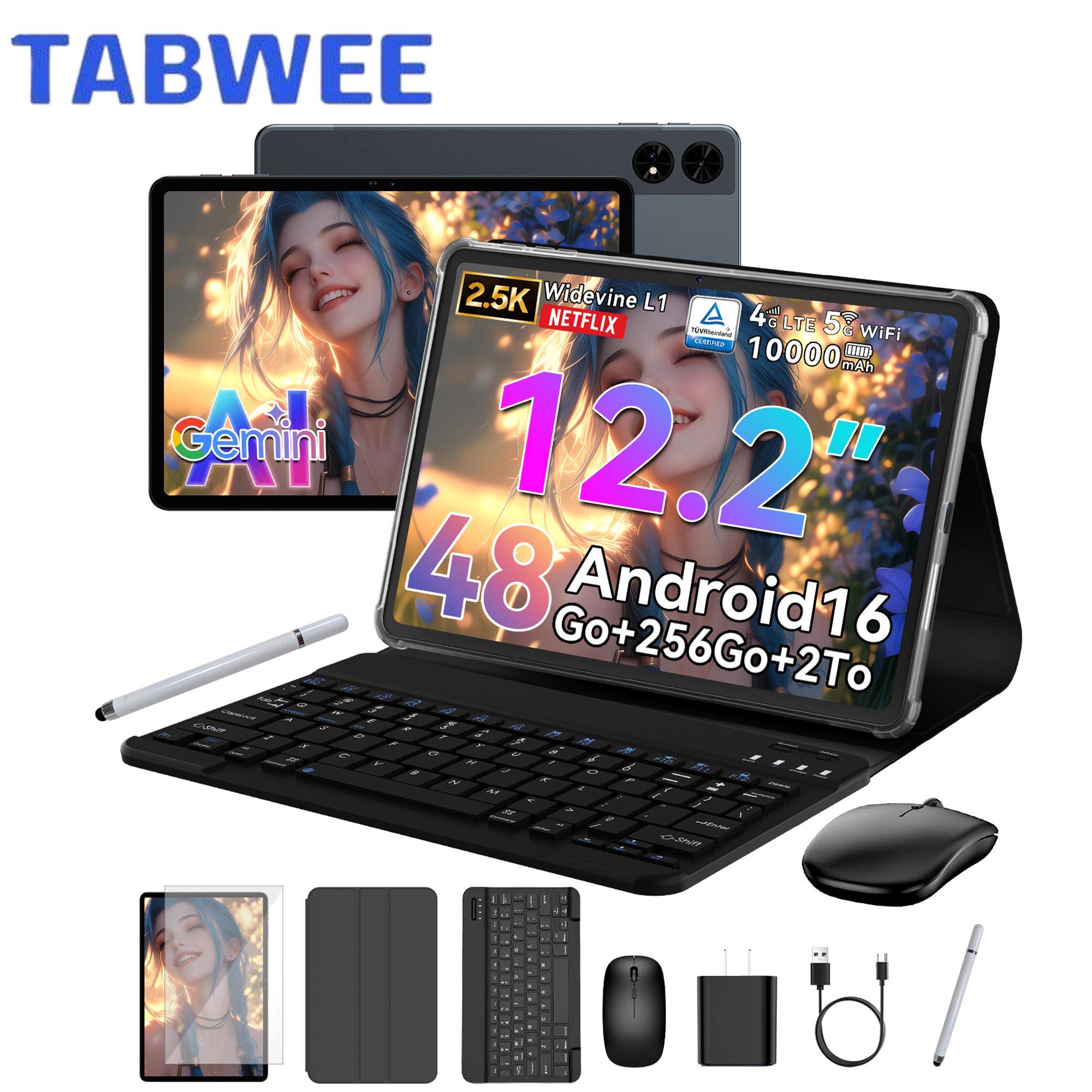 TABWEE T60 Surfplatta med Android 16 12 GB RAM 256 GB ROM Gemini AI 12,2-tums 2,5K-skärm 10000 mAh Batteri