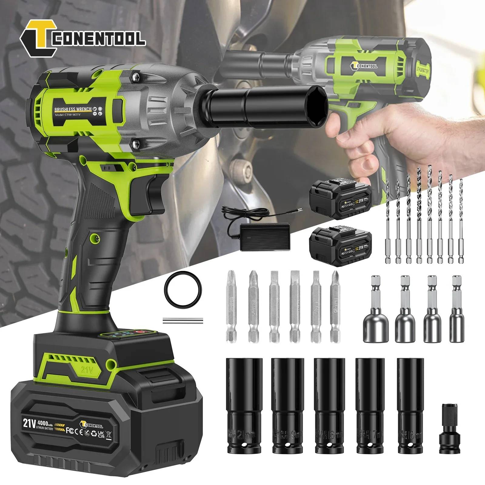 Conentool 1200N.m 21V Brushless Cordless Impact Wrench High Torque Electric Power Driver with 4000mAh Battery 1/2 Inch Square Drive 7Pcs Socket Set Fast Charging Portable Tool for Car Tire Removal