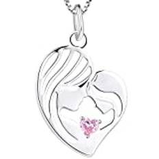 YL Mor och dotter Halsband sterling silver med Oktober födelsestones Rosa Cubic Zirconia Hjärt Halsband för mamma kvinnor, kedja 18-20 cm