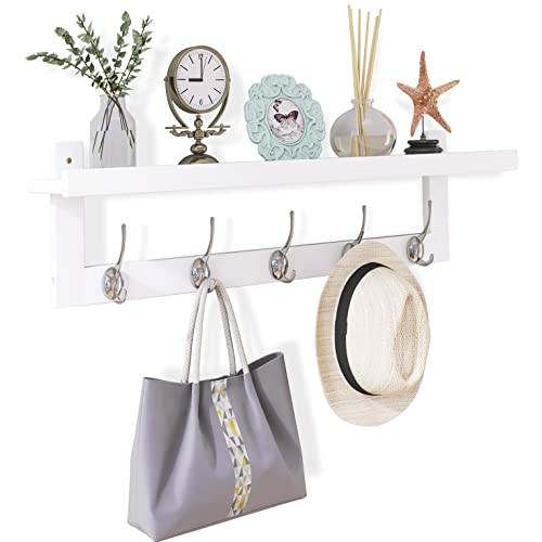 SMIBUY Klädkrokar med hylla Väggmonterad, 74 cm Entré Klädhängare för vägg, Bambu Hängande Hylla med 5 Dubbla Metallkrokar för Badrum, Sovrum, Kök, Vardagsrum, Lerrum (Vit)