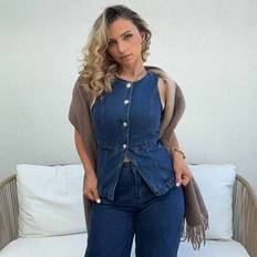 Women's Metal Button Front Hem Slit Waist Tank Top And Long Jeans 2 Pieces Set - Elegant Denim Set, Wide Leg Loose Jeans, Women's High Waist Jeans, FW - Dark Wash - L,M,S,XL,XS