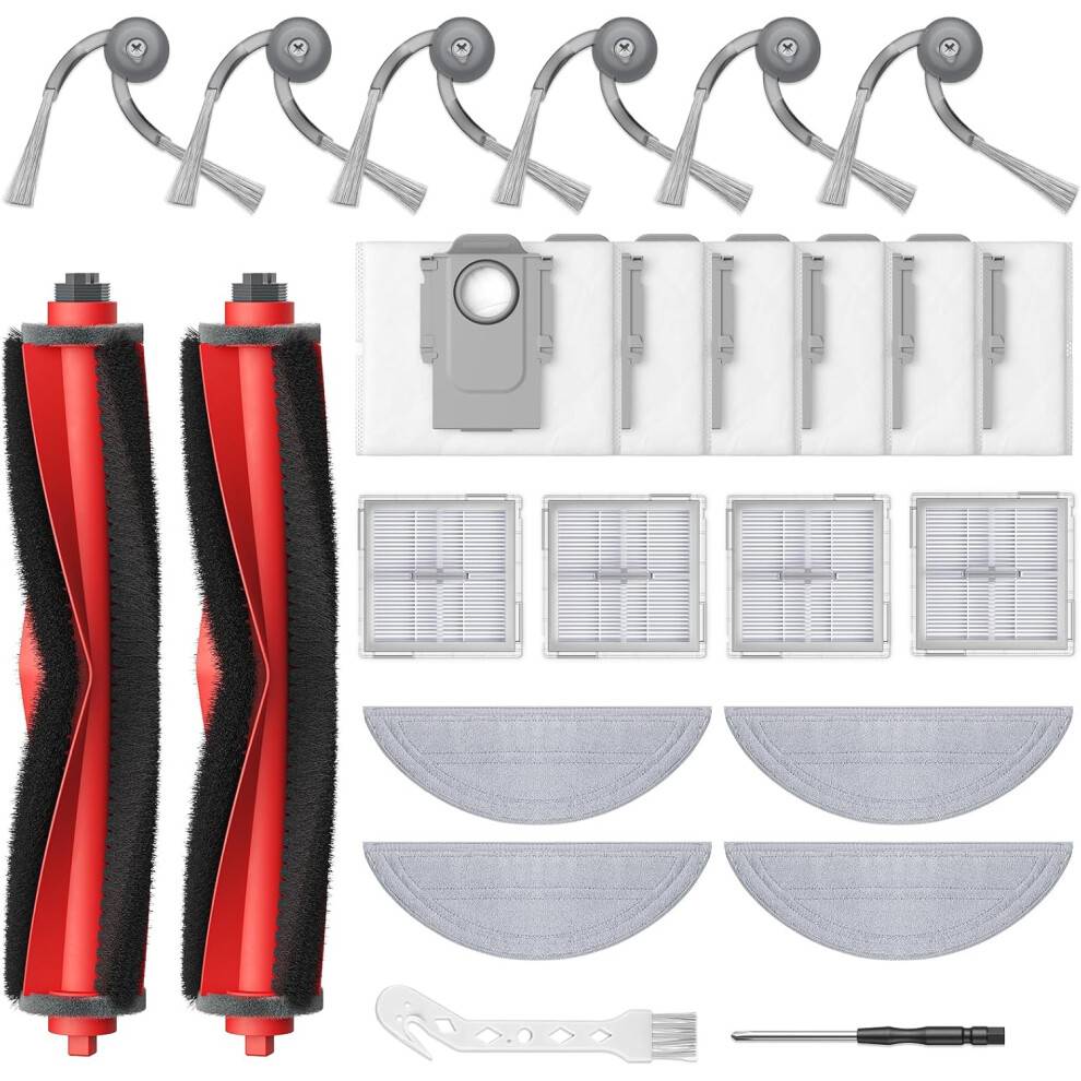 Pakke med 24 reservedele. Kompatibel med Roborock Q10 S5+/Q10 S5/Q10 X5+/Q10 X5 robotstøvsuger, 2 rullebørster, 4 HEPA-filtre.