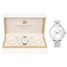 L’AMORE MILANO Damen Uhr Giulia | Analog Quarz | Glieder Uhrenarmband | Rosenbox langlebige echte Rosen | Geschenkset Mädchen Schmuckset Flowerbox