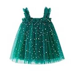 Girl's Christmas Star Moon Dress Mesh Puffy-klänning tyllkjol, Grön, 3-4 år