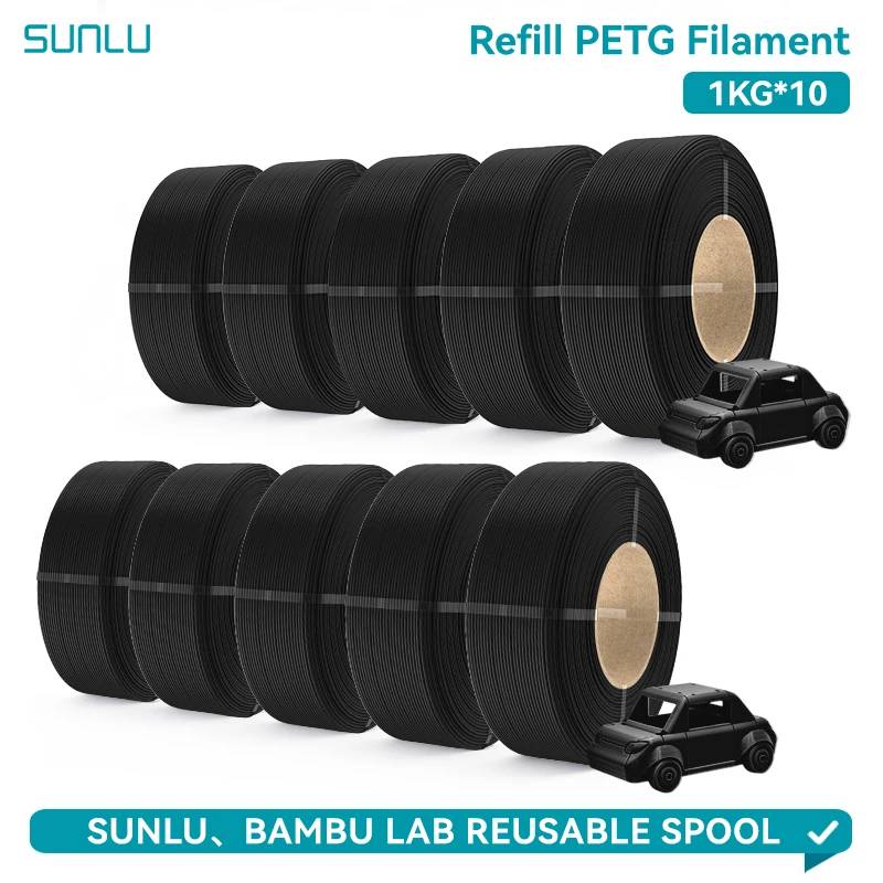 SUNLU 1.75mm Refill PETG 3D Filament 10KG Good Toughness Durable 3D Printer Filament Compatible for Bambu Lab Reusable 1KG Spool