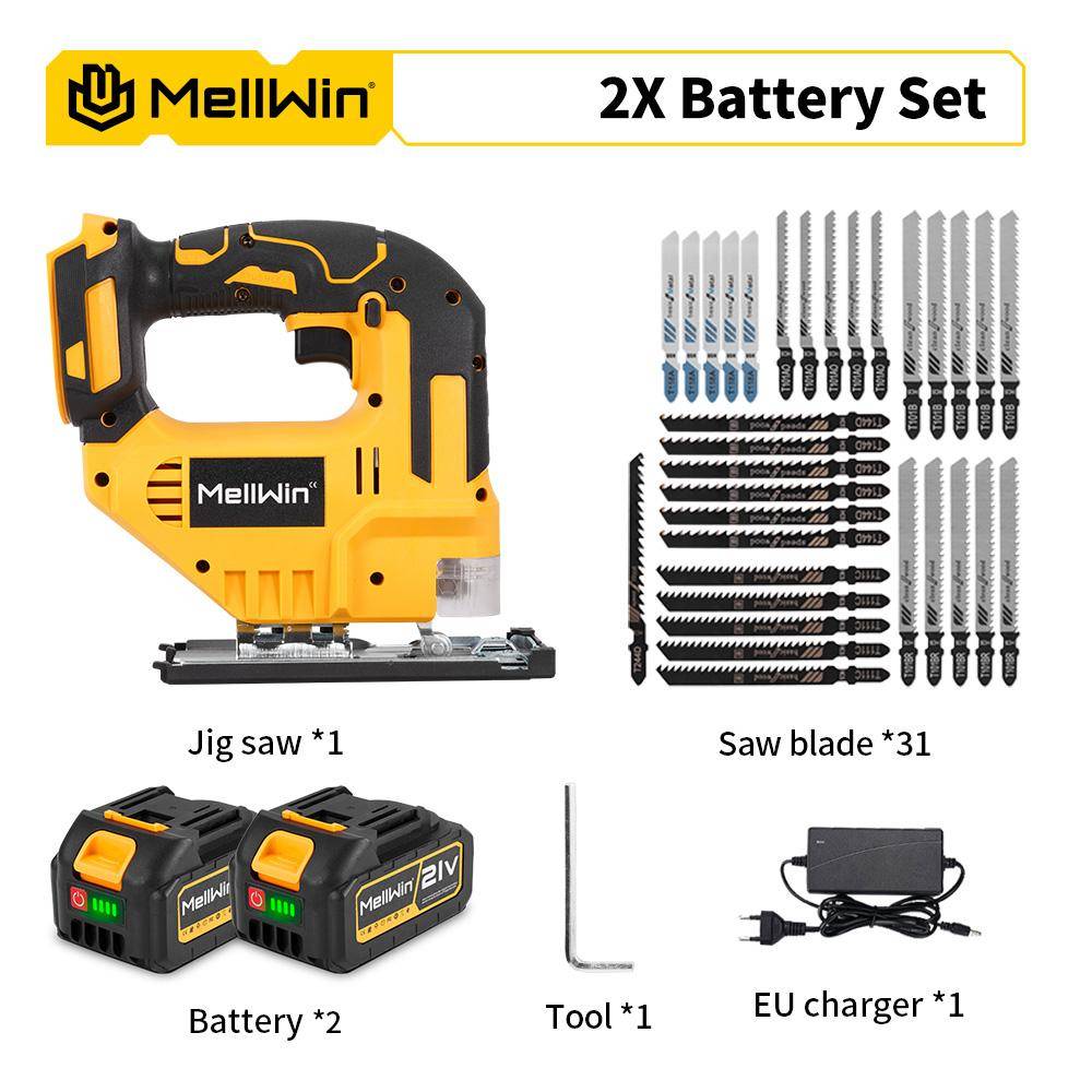 MellWin 3500RPM Borstlös Elektrisk Sticksåg 750W Sticksåg Justerbart Blad 3 Variabla Hastigheter Träbearbetningsverktyg för Makita 18V Batteri 2 Battery EU Plug
