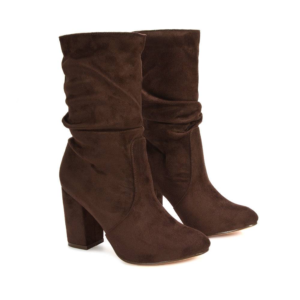 Belle Mid Block Heel Ruched Pull On Mid Calf Boots in Chocolate Faux Suede - Chocolate Brown / UK 7 | EU 40 | US 9