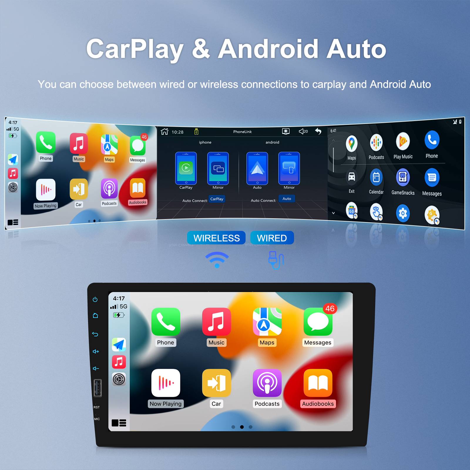 Podofo 1 Din Car Stereo Radio 9'' Touch Screen Car MP5 Multimedia Player with Bluetooth Mirrorlink Wireless Carplay/Android Auto