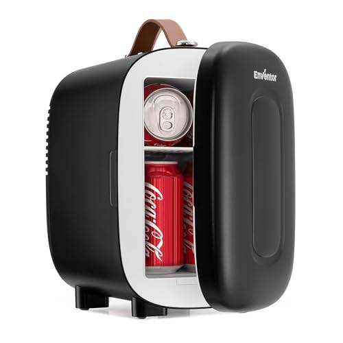 Enventor Mini-kylskåp, 4 liter/6 burkar, bärbar kylare och värmare, AC + 12 V DC-matning, litet kylskåp för sovrum, bil, hudvård, frukt och drycker, svart