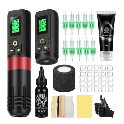 ATOMUS Red Wireless Tattoo Machine Kit Wireless Tattoo Pen 2pcs 1300mah Wireless Power Supply Rotary Tattoo Battery Pen Digital LED Display 50ml Tattoo Transfer Cream