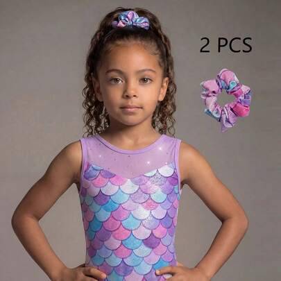 Enkeldelad gymnastikdräkt för unga flickor, färgglatt tryck + strassdekor, ärmlös barn-dans- och gymnastikbody, moderiktig färgglad uppvisningsoutfit - Rosa (6Y,7Y,4Y,5Y)