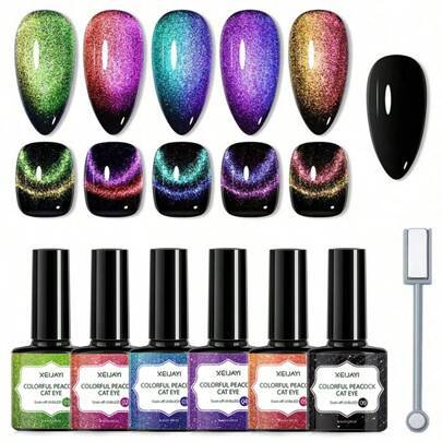 6 färger Y2K estetiskt färgglatt påfågeleffekt magnetiskt gellackset med soak-off UV LED cat eye-gellack galaxglitter galaktisk effekt manikyr nagelko - Multifärgad