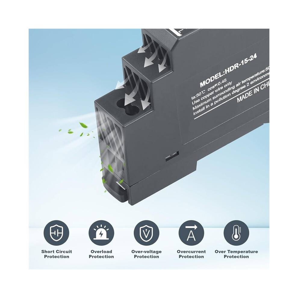 DIN Rail Power Supply 24V 0.63A 15W, Input 100-240V AC 50/60Hz DIN Rail Transformer for Home or Industrial Automation