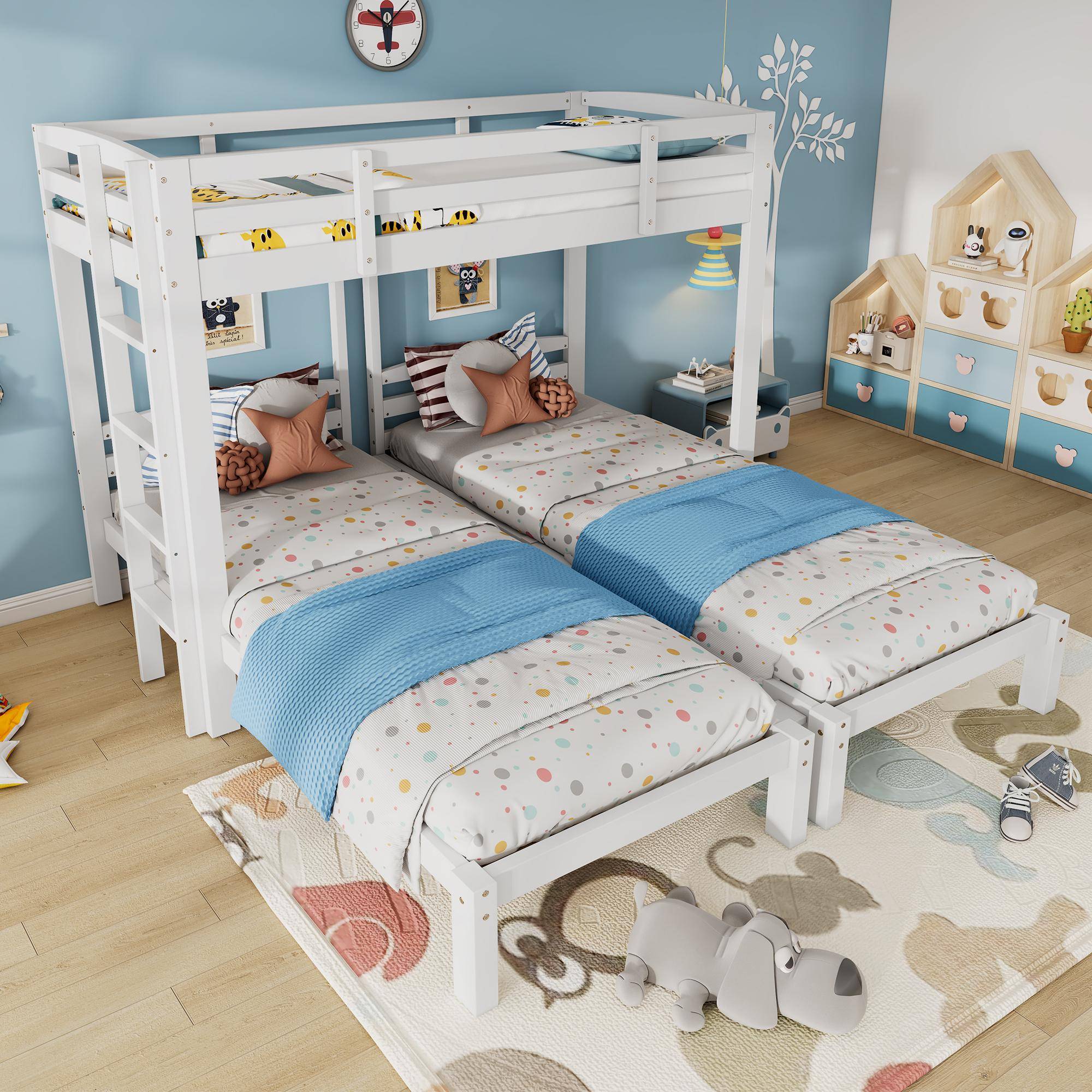 Triple Bunk Bed Space-Saving SleeperSide with Ladder and Bedside Storage, Bed Frame with Safety Rails, 204L x 198W x 162.5H cm, White Aosom UK