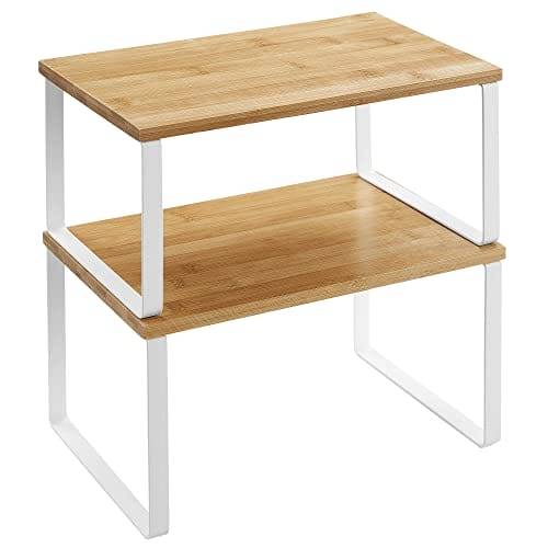 Spice Rack, Uppsättning Av 2 Skåpshyllor, Utbyggbar Kökshylla Arrangör, Stapelbar Kryddhållare, Metall Och Bambu, Vit Och Naturlig.