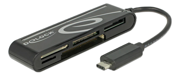 USB 2.0 Kortläsare, USB-C hane, 5 kortplatser, upp till 480 Mbps, upp till 2 TB SD, svart