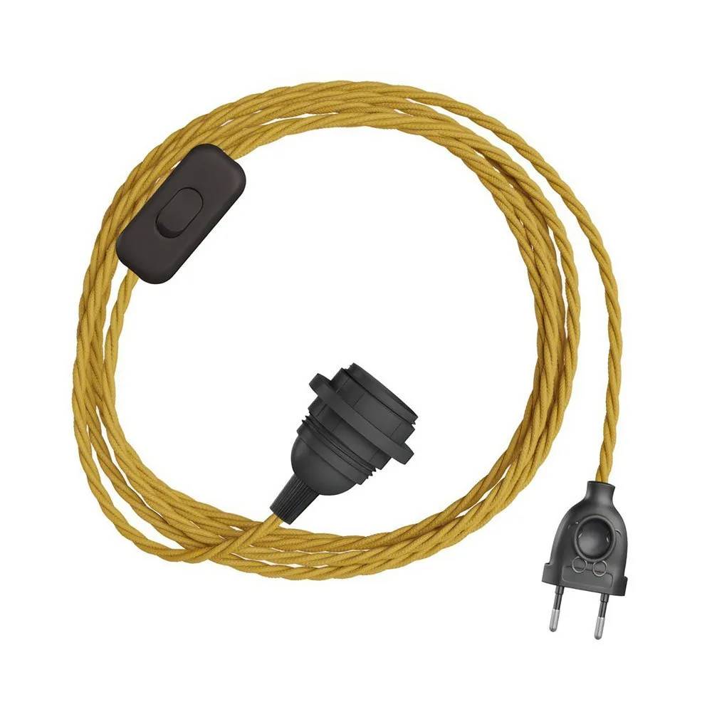 Creative Cables Snakebis Twisted E27 Lampeskærm-kabelsæt Med Lampeholder. Stofbetrukket Kabel Og 2-benet Stik 3 M