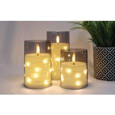 8 stk 3 Led Stager i smoke  3D flamme og varm hvid lyskæde +6/18 TIMER