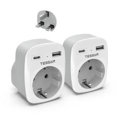 TESSAN 2-pack reseadapter brittisk adapter England Tyskland kontakt med 2 USB, uttagsadapter resekontakt strömadapter för Irland Storbritannien vägg laddare laddningsstation, adapter uttag