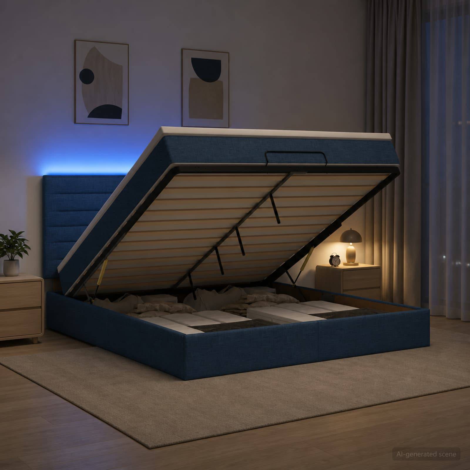 vidaXL Ottoman-säng med madrass och LED Blå 180 x 200 cm Tyg