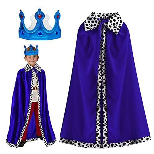 TSHAOUN Kungdräkt för barn, 2 st set prins kappa med kronkung drottning cape medeltida prins kostym för rollspel, festklädsel, halloween, karneval, kröning, scenframträdande, 80 cm (blå)