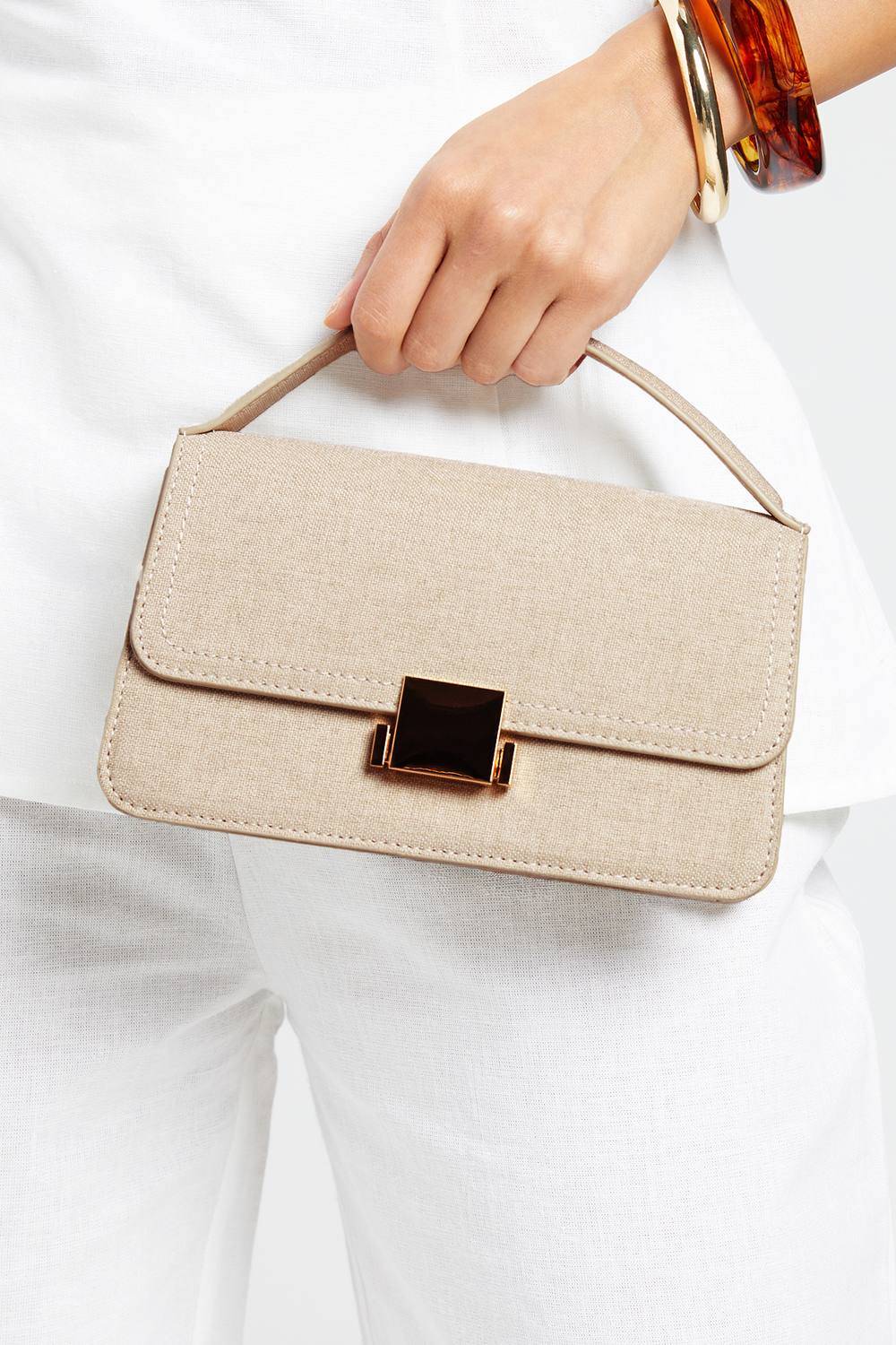 Hardware Detail Linen Grab Bag With Detachable Strap, natural