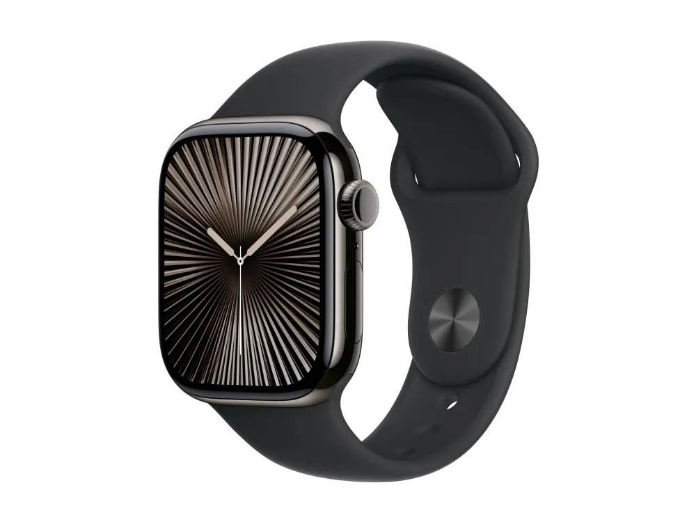 Apple Watch Series 10 (GPS + Cellular) - 42 mm - skiffer titan - smart klocka med sportband - fluoroelastomer - svart - bandstorlek: S/M - 64 GB - ...