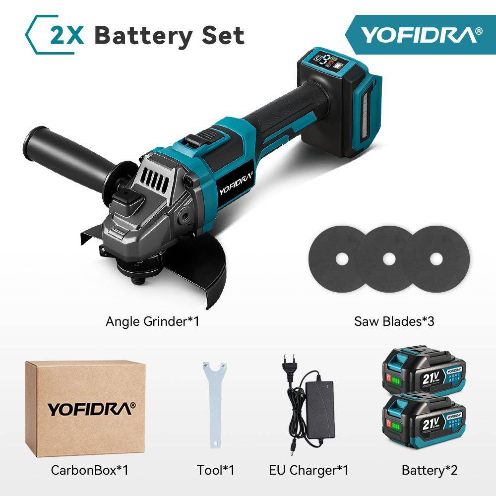 YOFIDRA M14 Borstlös Elektrisk Vinkelslip 6 Växlar Uppladdningsbar Vinkelslip Polerande Elverktyg För Makita 18V Batteri Pin 2 Battery-EU Plug