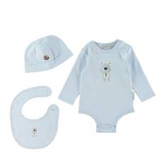Moncler Sæt - Hue/Savlesmæk/Body l/æ - Lyseblå m. Bamse - Moncler - 9-12 mdr - Body L/Æ