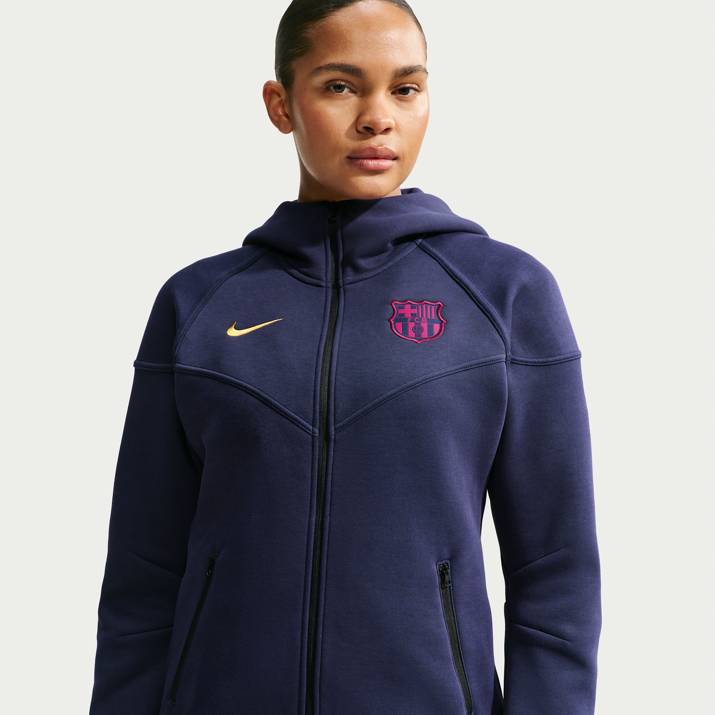 FC Barcelona Tech Fleece Nike Football Windrunner-hættetrøje med fuld lynlås til kvinder - blå