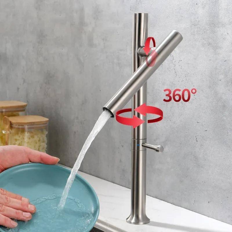 304 Rostfritt Stål Diskbänk Köksblandare Vatten Kall Varm Kranar Enkelhandtag 360 Rotation Keramisk Ventil Vikbar