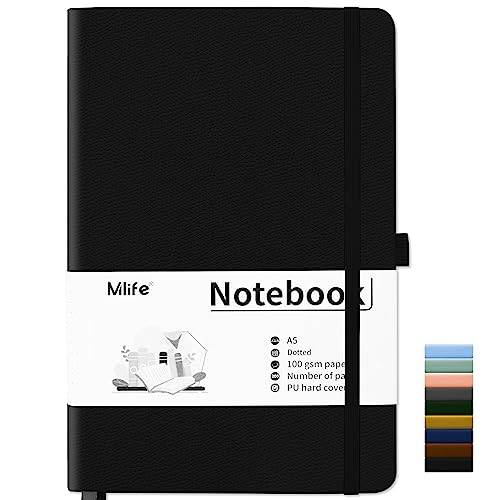 Mlife A5 Dotted Notebook, Anteckningsbok med 200 Sidor, Tjockt 100 G/M² Bläckbeständigt Papper, Anteckningsbok med Pu-Hårt Omslag, Innerficka, Elastiskt Band, Bullet Journal & Dagbok (Svart)