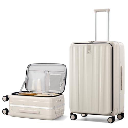 Hanke 66 cm Resväska med Framöppning - Hårt Skal, Rutig Lätt Aluminium Handbagage med TSA-lås, 4 Hjul, Elfenbensvit, 26 Inch Check In