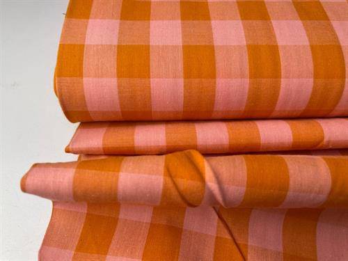 Vævet bomuldspoplin - garnfarvede tern i orange / pink