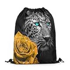 Gympapåse med dragsko 3D rosor gepard romantiska blommor löv djur svart grå vild leopard, sträng väska 36 x 43 cm unisex väska daglig simväska för vandring skola tonåring