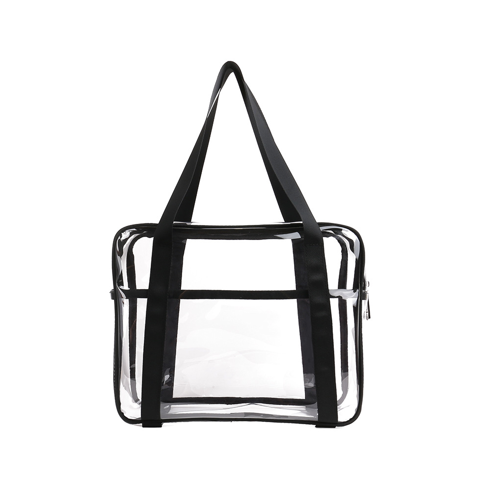 Klar taske til stadionbegivenheder, stor og genanvendelig transparent tote med flere bæremuligheder, kraftigt PVC-materiale til kvinder og mænd