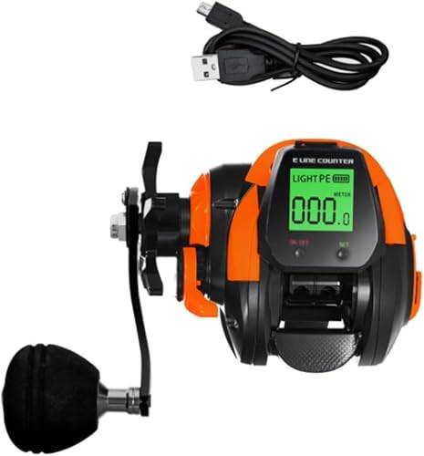 Baitcaster fiskerulle, fiskbettslarm, 7,2: 1 högt utväxlingsförhållande, spinnrullar, djuppositionering, digital fiske baitcasting-rulle, trattformad linjeguide (orange vänster)
