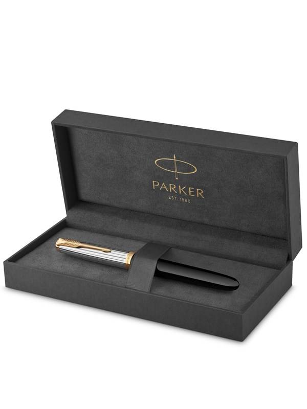 Parker 51 Premium reservoarpenna | Premium-kollektion | Svart med guldkant | Fint tips | Blått/svart bläck | Presentförpackning