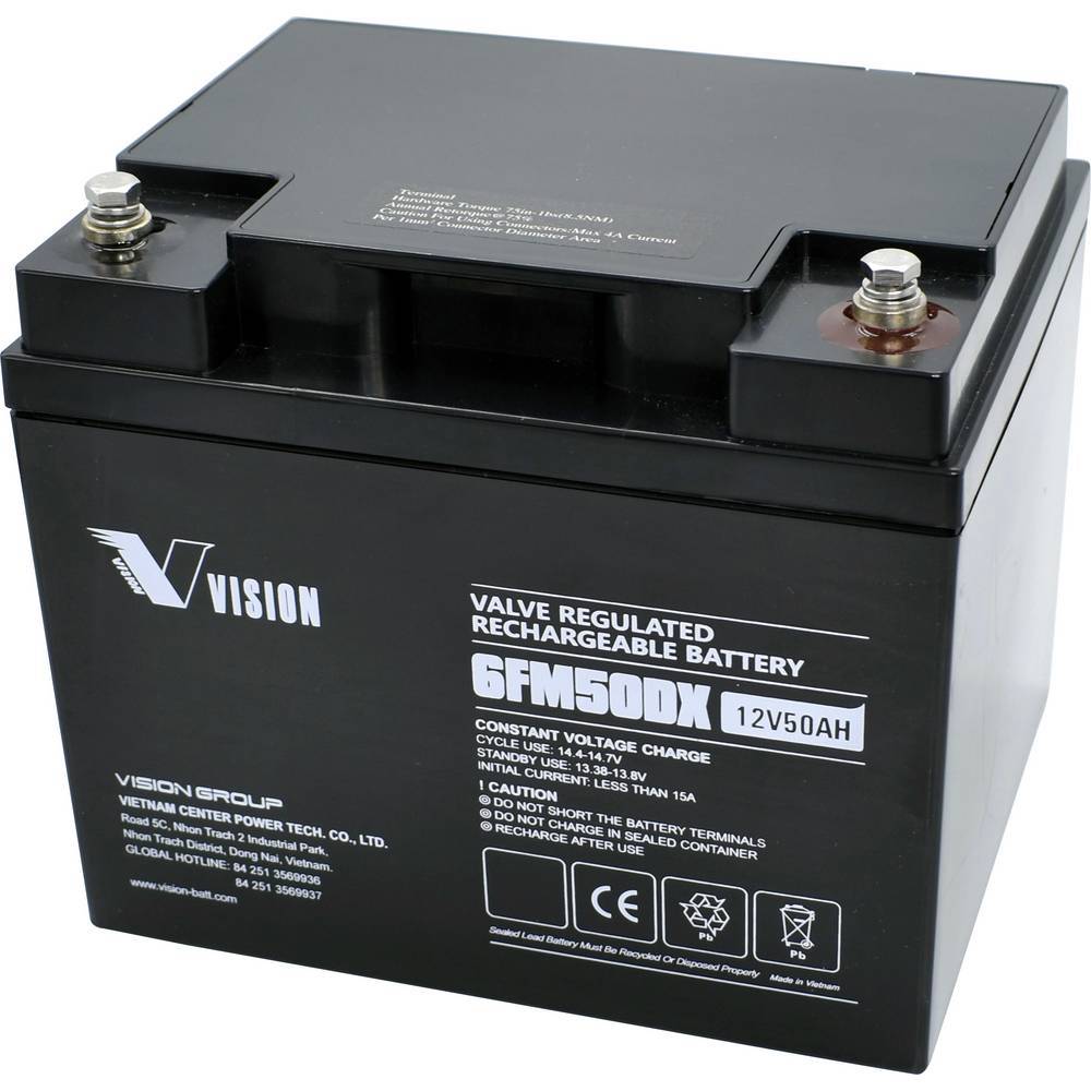 Vision Akkus 6FM50DX Blybatteri 12 V 50 Ah Bly AGM (B x H x D) 197 x 170 x 165 mm M6-skruvanslutning Underhållsfri, Urladdningssäkra