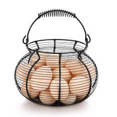 Flexzion ägguppsamlande korg rund trådkorg kyckling ägghållare svart bondgård rustik dekorativ äggförvaring, kyckling äggkorg för att samla färska ägg, frukt och grönsaker, med handtag