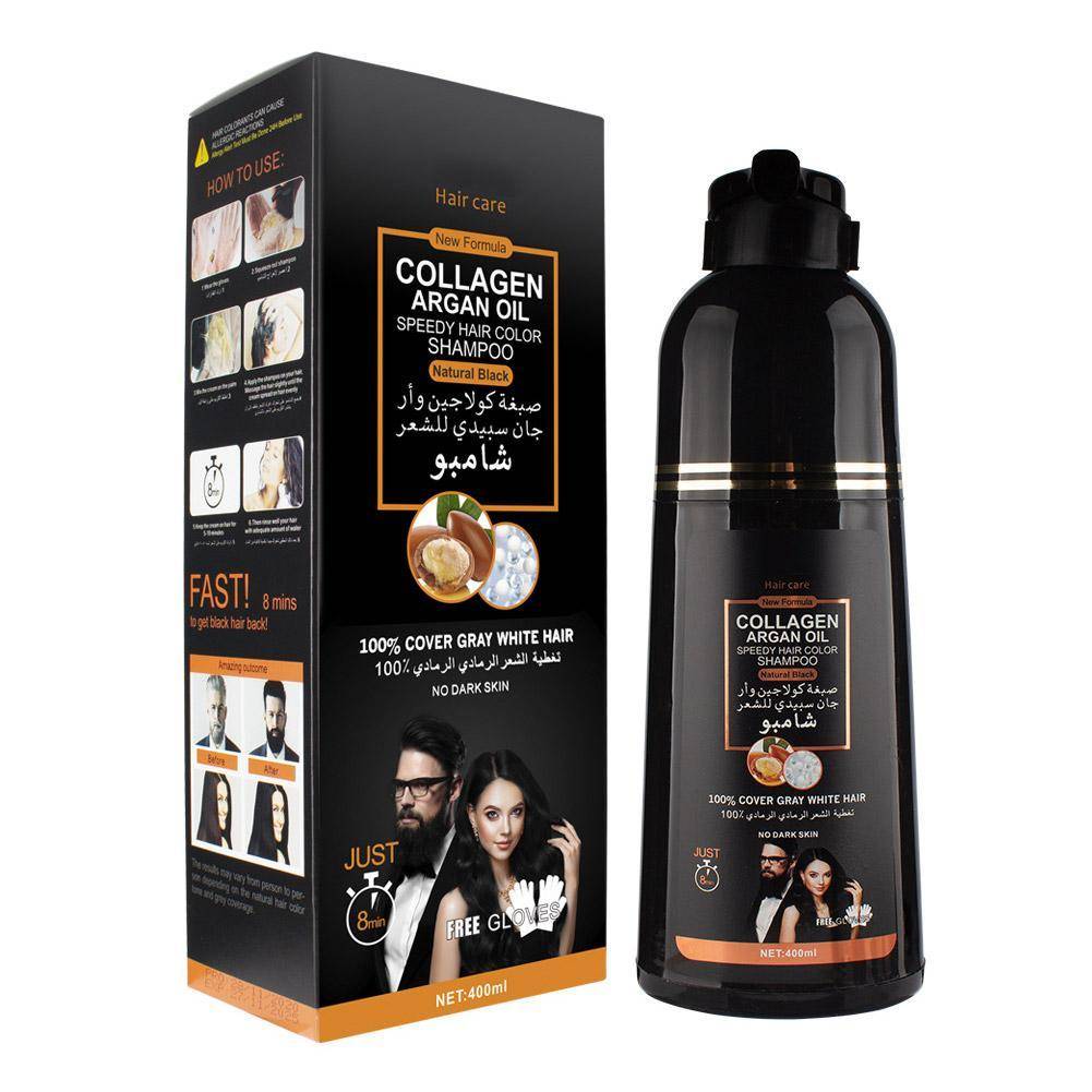 3-in-1 Collagen Argan Oil Shampoo Long-Lasting Black Hair Dye Shampoo for Men Women Nourishes Colors Gray Hair, 400/420ml