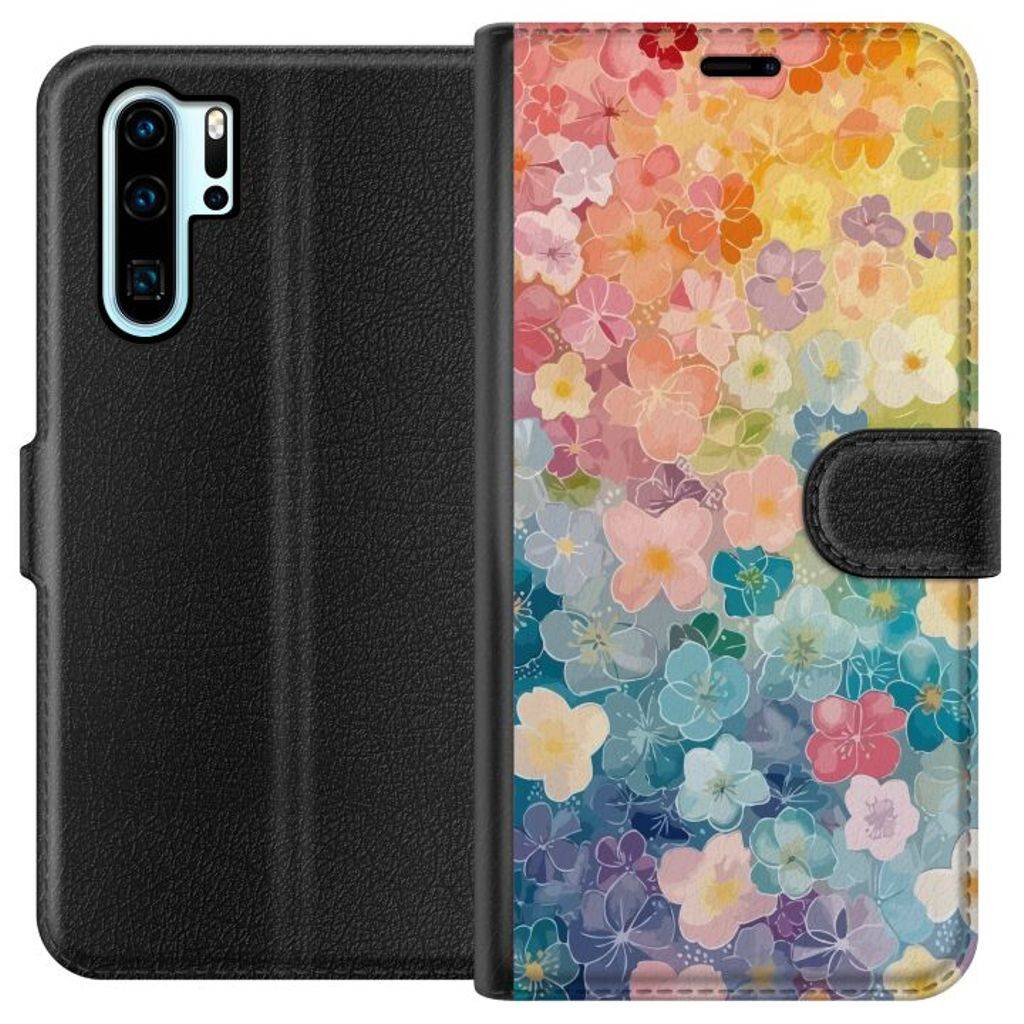 Huawei P30 Pro Svart Plånboksfodral Miniatyrblommor