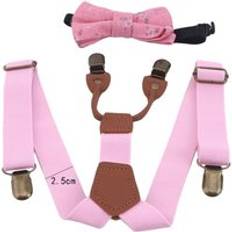 Soild färg barn bälte bowtie set baby pojkar flickor hängslen clip-on y-tillbaka hängslen fluga elastiska barn justerbar - Rosa