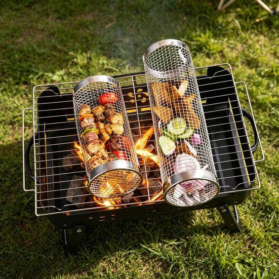 Roterande grillkorg med trähandtag Rostfritt stålcylinderbur för camping Non-stick Utomhusmatlagningsverktyg
