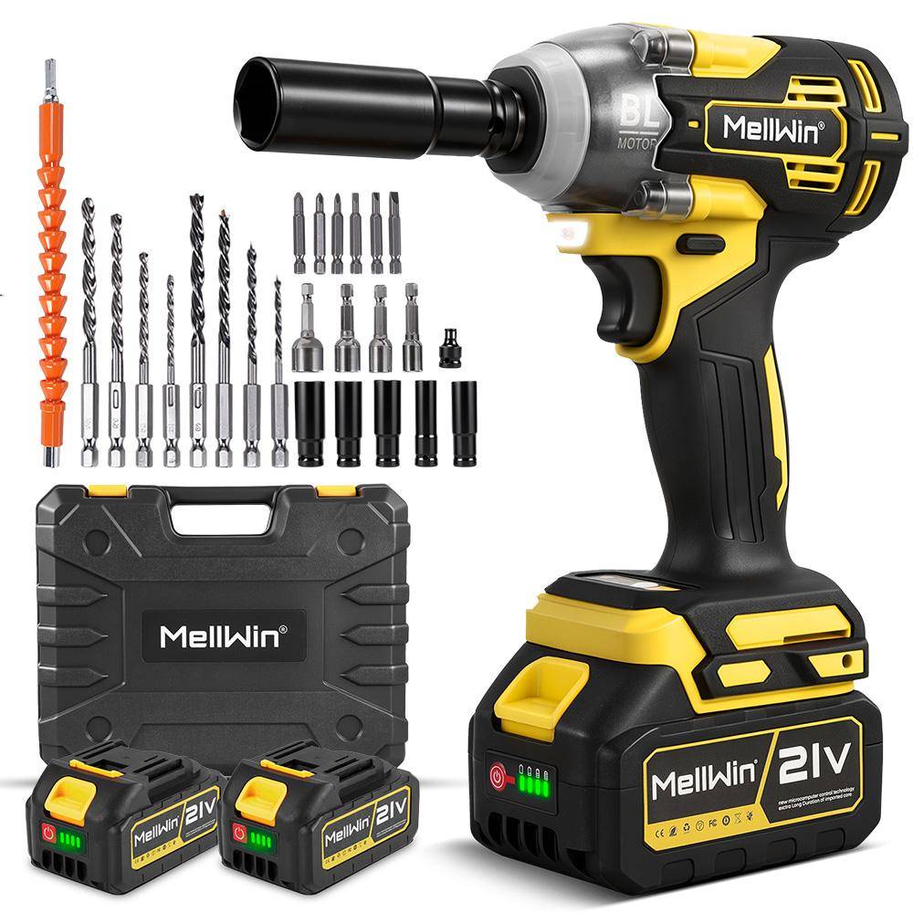 MELLWIN Borstlös 520N·m Multifunktionell Elektrisk Slagnyckelsats 3-i-1 Elektrisk Borrmaskin Skruvdragare Reparationsverktyg För Makita 18V Batteristift 2 Battery-Set B