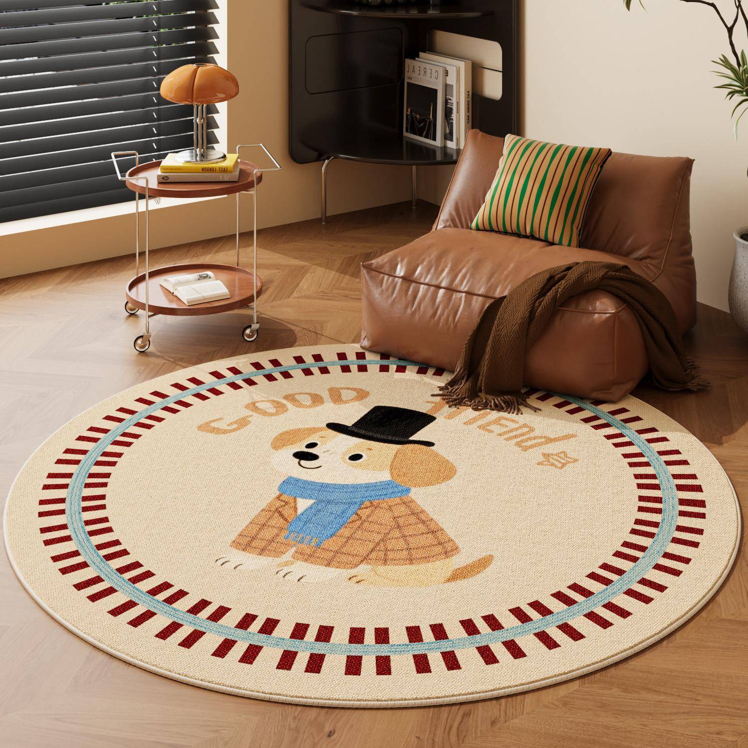 Cartoon Dog Round Carpet Mat - best Luck Text Rug with Geometric Border for Living Room Home Decoration Brown Rugs for Bedroom 40x40cm