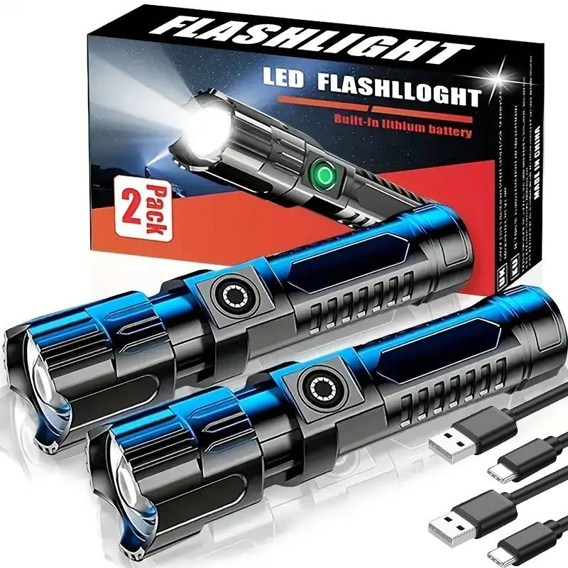Powerful LED Flashlight USB C Rechargeable Zoomable Searchlight 3 Modes Handheld Flashlight for Outdoor Camping Hunting Torch