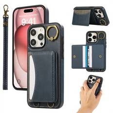 För iPhone 14 Pro PU Läder Baksida Fodral Kortfack Ställbart Telefonfodral med Handledsrem