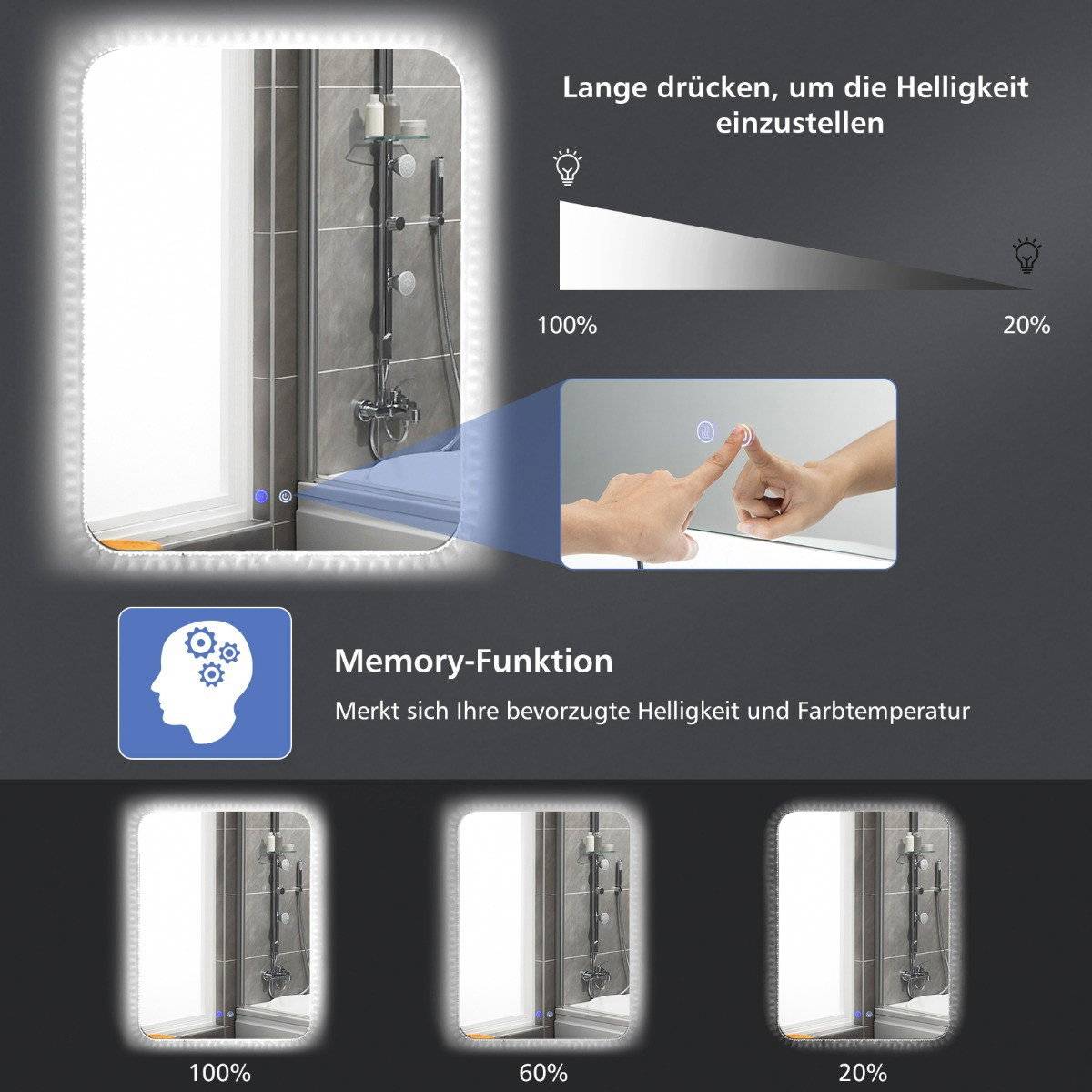 LED-badrumsspegel 80 x 60 cm, dimbar, imfri