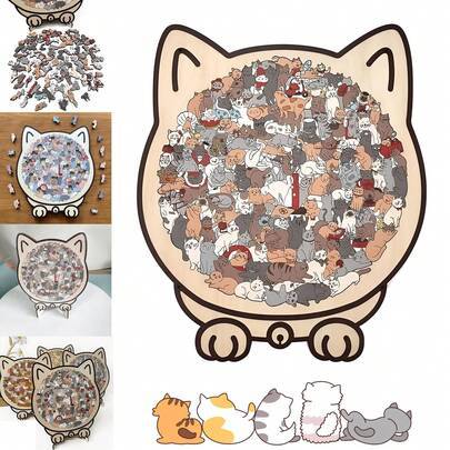 135-bitars träpussel i form av en katt, färgglatt träpussel i form av en katt, sött kattpussel med lock, en kreativ present för kattälskare. - Multifärgad (Träfärg)